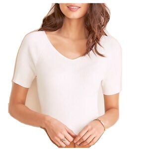 NWT! Ann Taylor RIBBED V-NECK SHORT SLEEVE SWEATER white cream ivory new large L